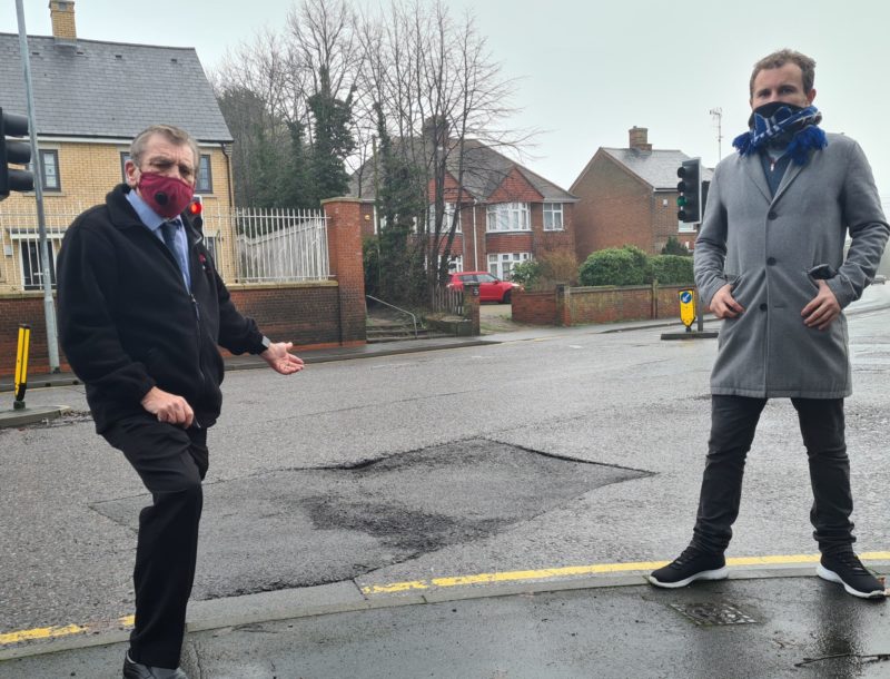 Cllr Dave Harris and Cllr Lee Scordis on site at Mersea Road after repeated calls for Quality Repair